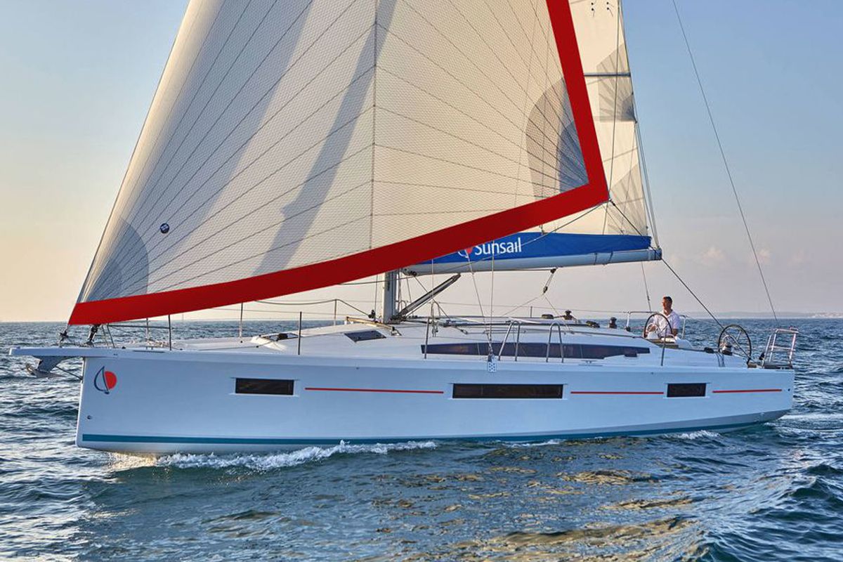 Exterior view of Sunsail 410 Premium, a Jeanneau Sun Odyssey 410 sailboat at Gouvia, Greece