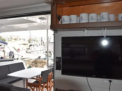Salon of Arion, a Lagoon 42 catamaran at Skiathos, Greece