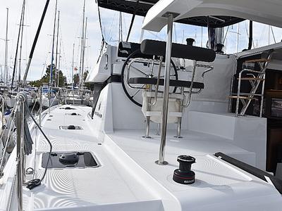 Cockpit of Arion, a Lagoon 42 catamaran at Skiathos, Greece