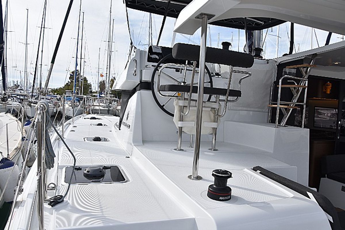 Cockpit of Arion, a Lagoon 42 catamaran at Skiathos, Greece