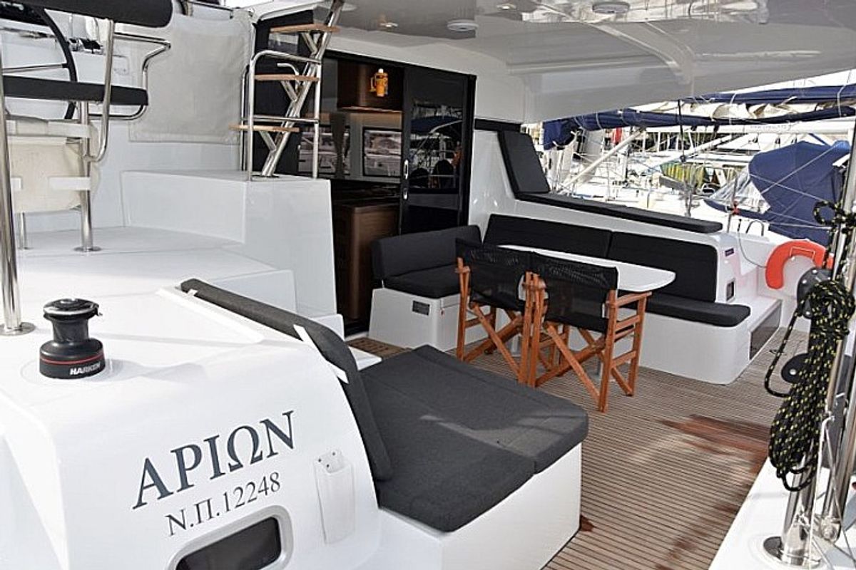 Deck of Arion, a Lagoon 42 catamaran at Skiathos, Greece