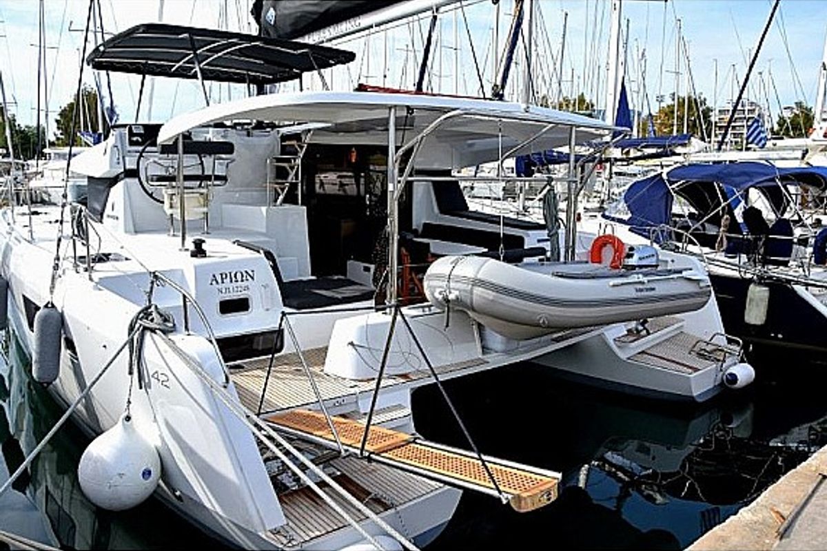 Exterior view of Arion, a Lagoon 42 catamaran at Skiathos, Greece