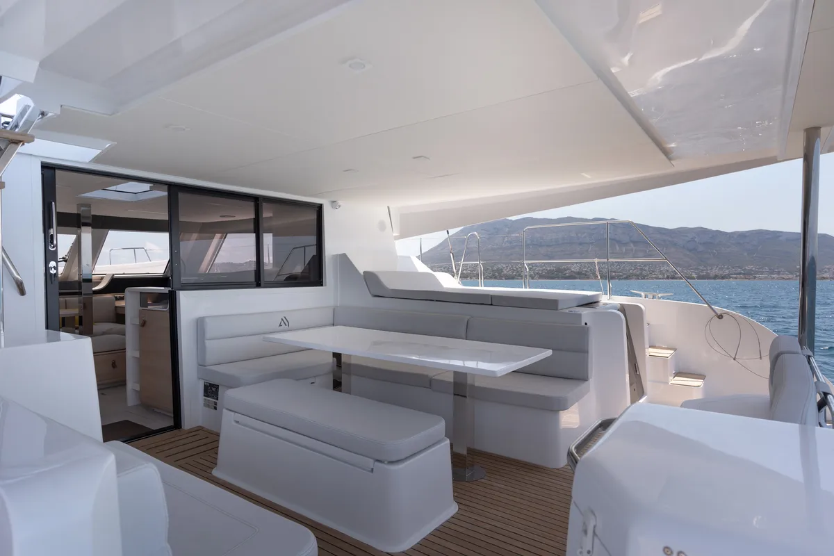 Deck of Premium +, a Aventura Catamarans Aventura 45 catamaran at Dénia, Spain