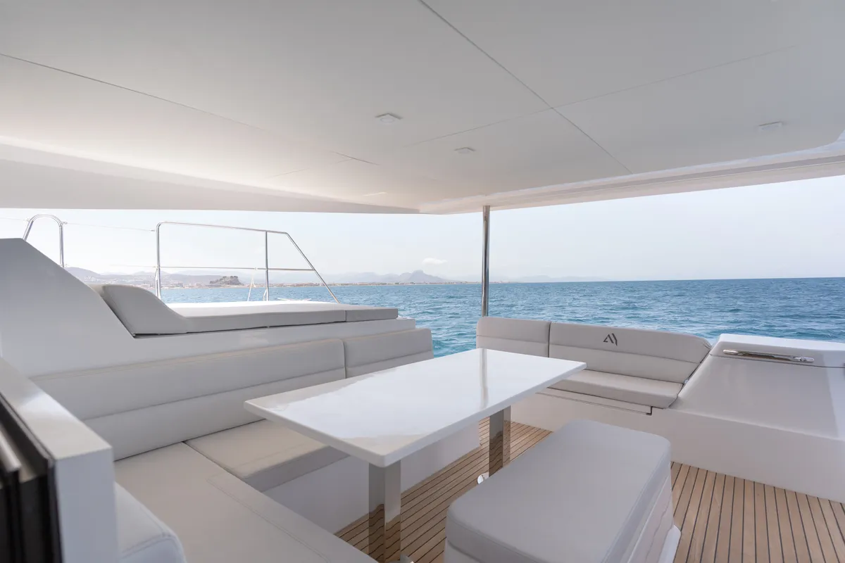 Deck of Premium +, a Aventura Catamarans Aventura 45 catamaran at Dénia, Spain