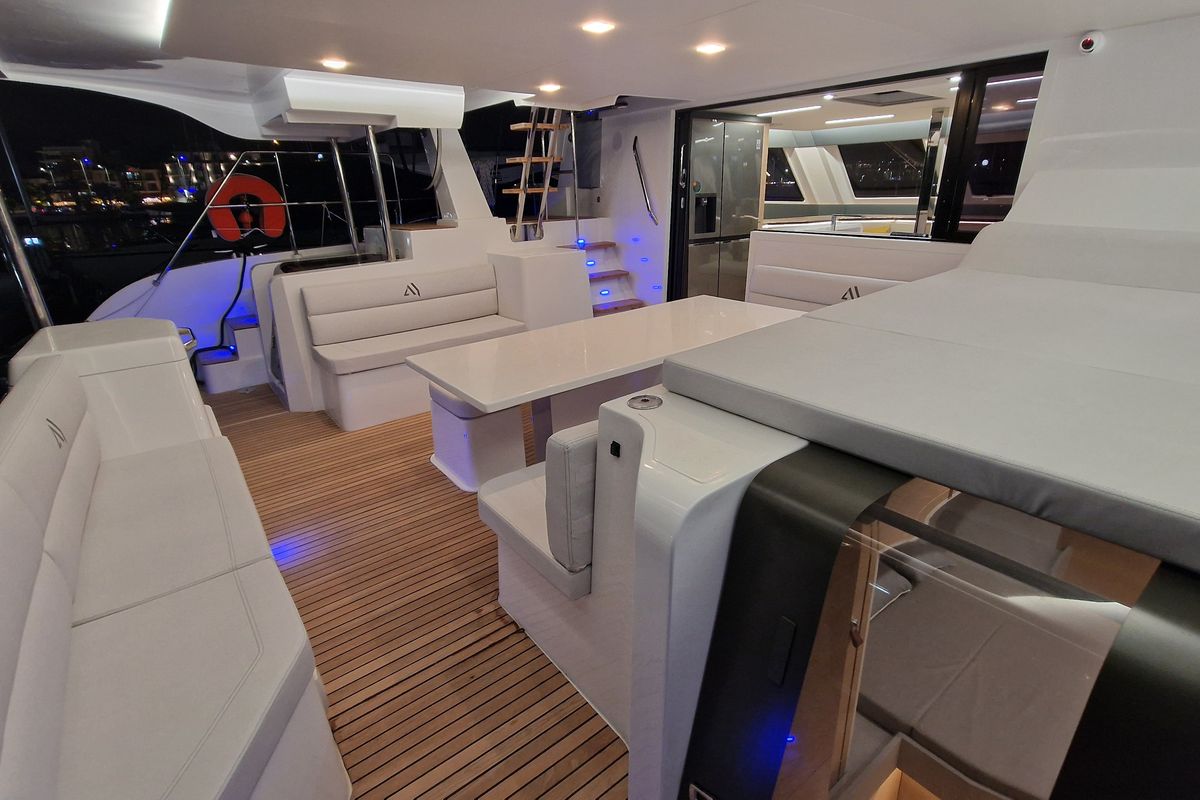 Deck of Premium +, a Aventura Catamarans Aventura 45 catamaran at Dénia, Spain