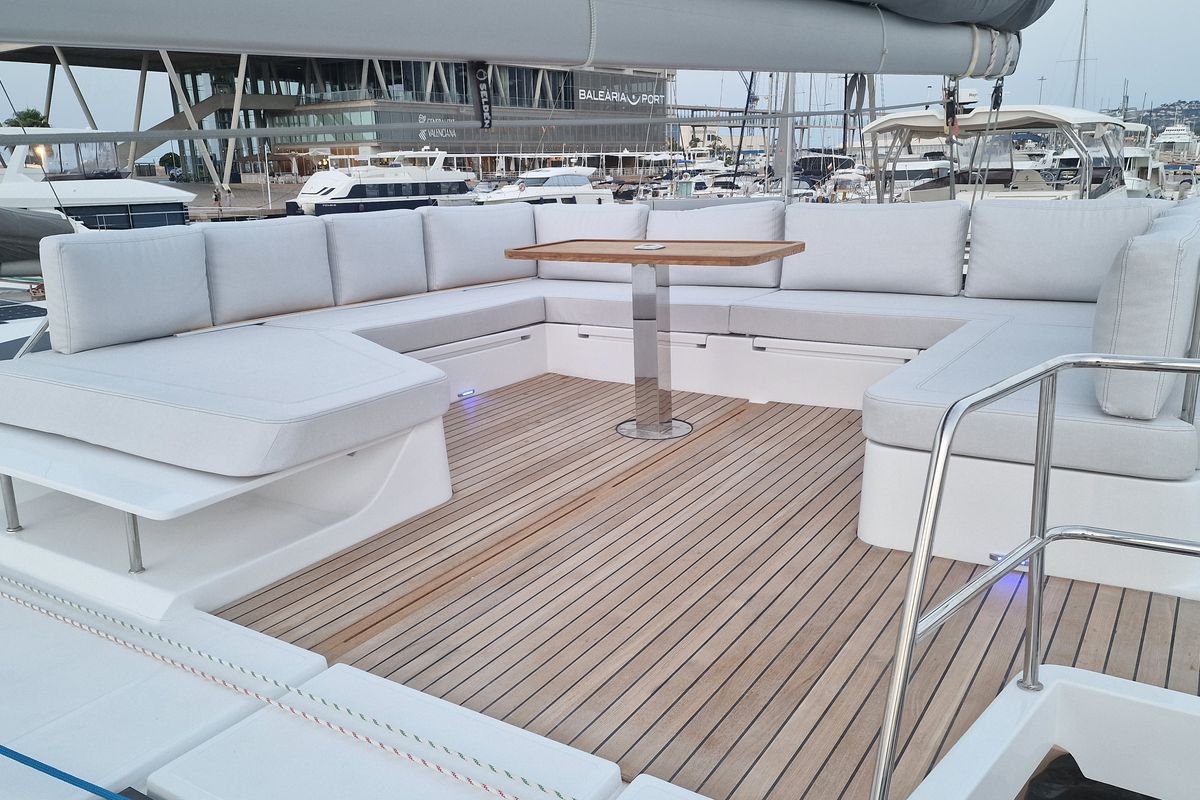 Deck of Premium +, a Aventura Catamarans Aventura 45 catamaran at Dénia, Spain