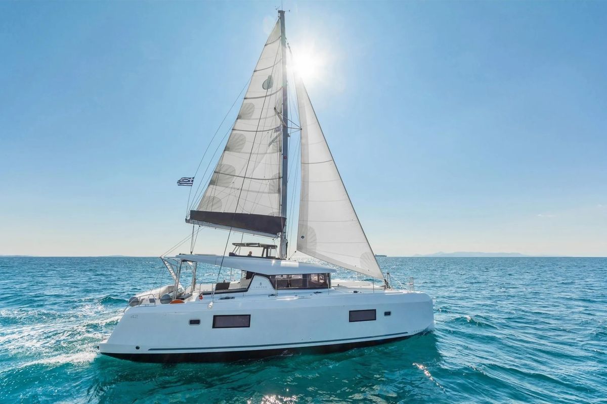 Exterior view of Blue Ripple I, a Lagoon 42 catamaran at Municipal Unit of Lefkada, Greece