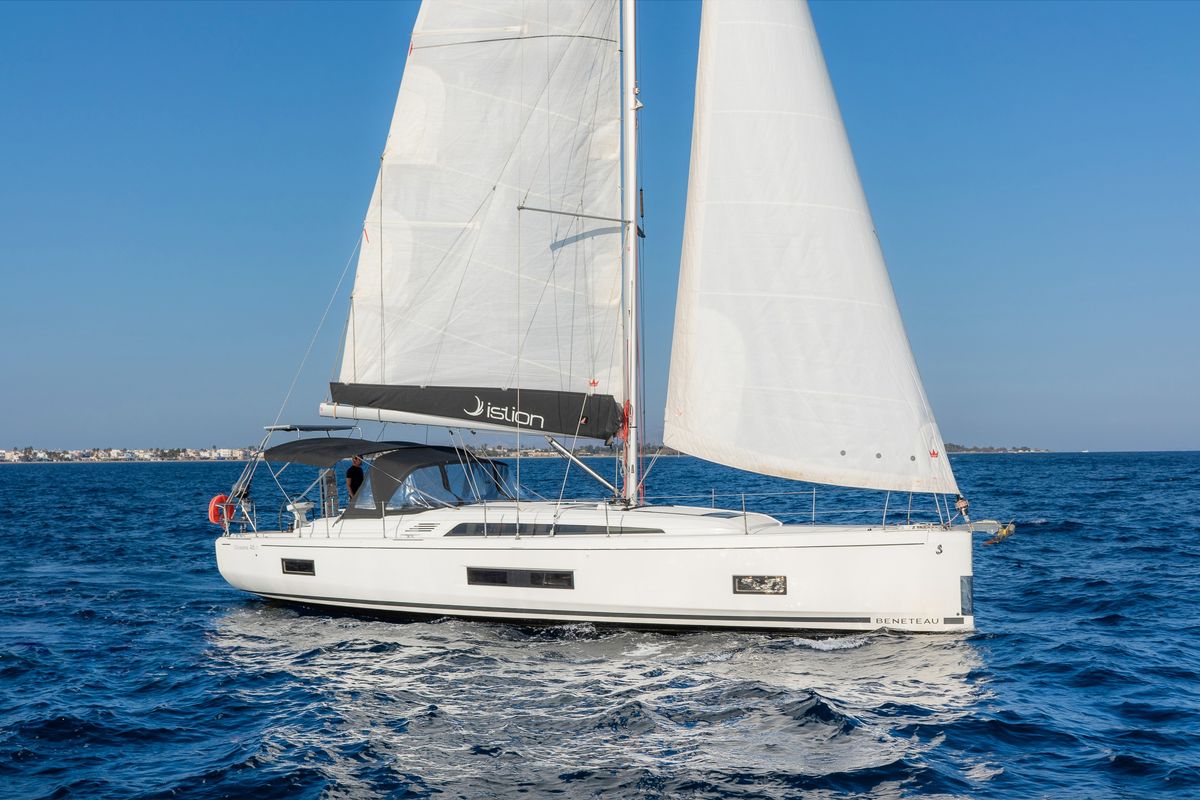 Exterior view of Rebekka Blue, a Beneteau Oceanis 46.1 sailboat at Municipal Unit of Rhodes, Greece