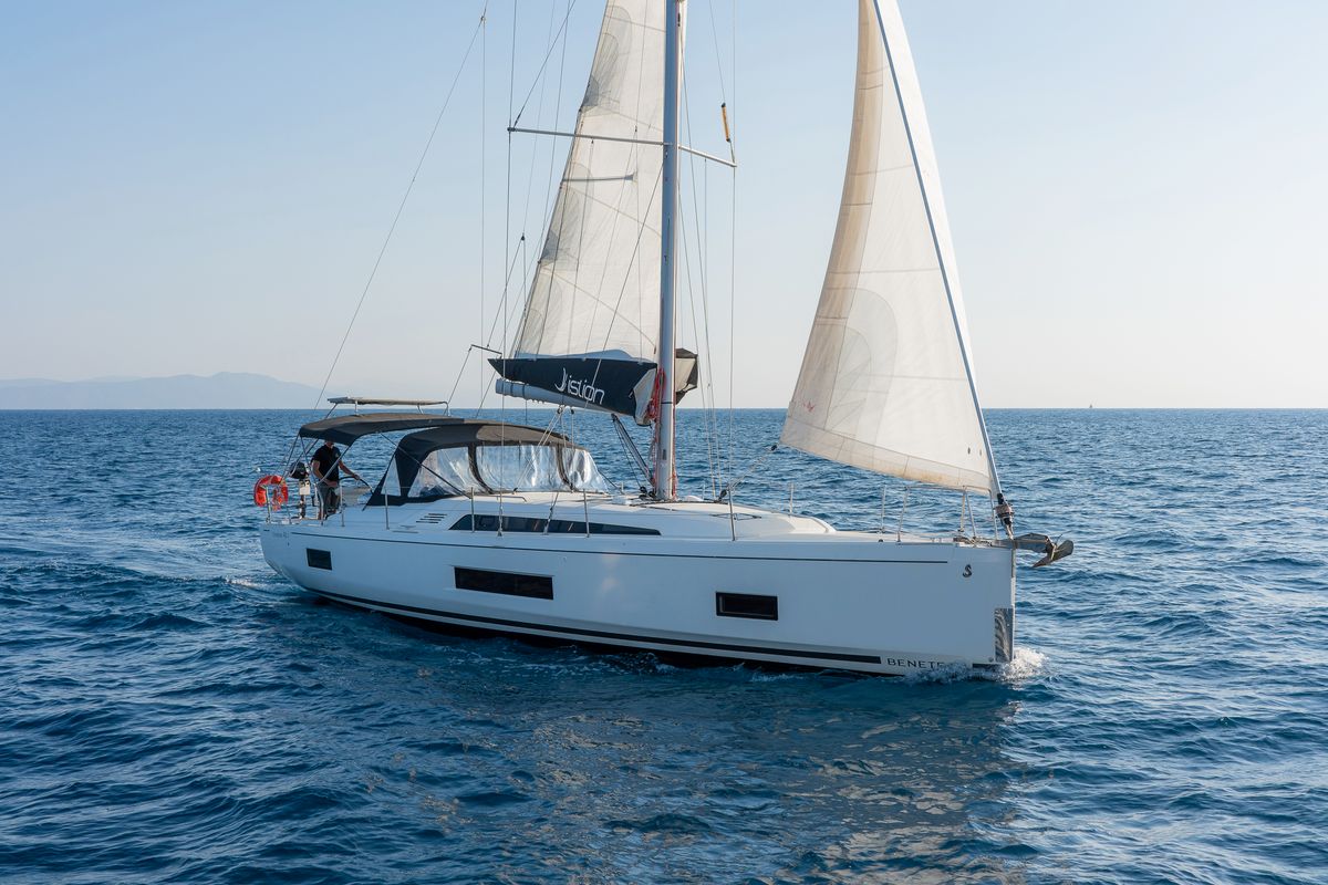 Exterior view of Rebekka Blue, a Beneteau Oceanis 46.1 sailboat at Municipal Unit of Rhodes, Greece