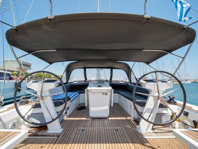 Cockpit of Rebekka Blue, a Beneteau Oceanis 46.1 sailboat at Municipal Unit of Rhodes, Greece