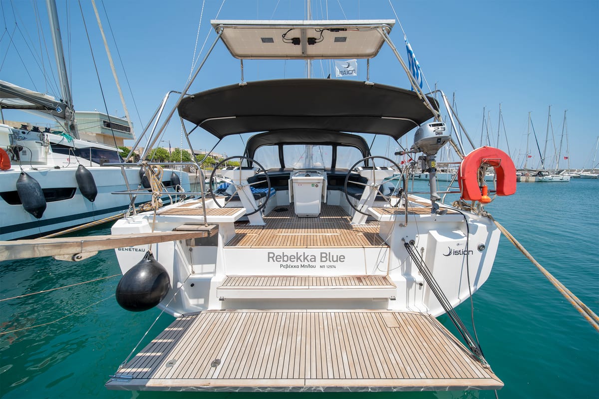 Exterior view of Rebekka Blue, a Beneteau Oceanis 46.1 sailboat at Municipal Unit of Rhodes, Greece