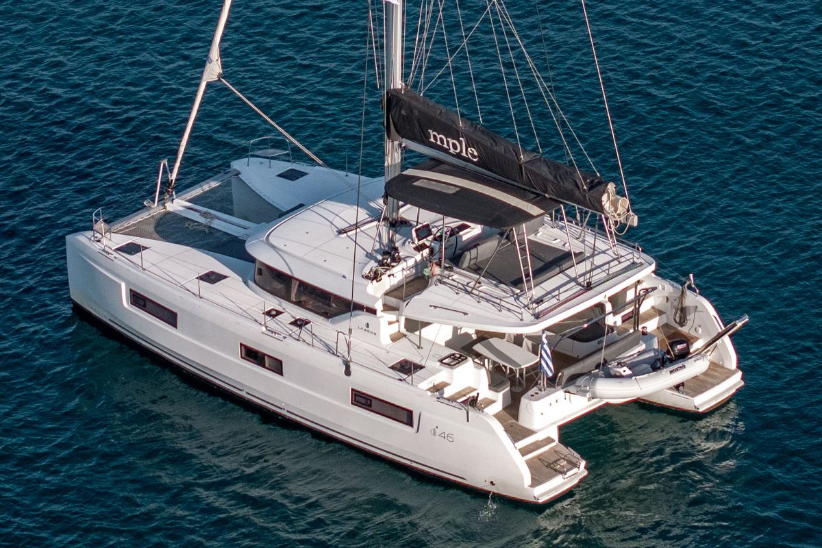 Exterior view of MPLE (air condition, generator, water maker) , a Lagoon 46 catamaran at Athens, Greece