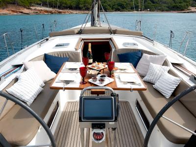 Cockpit of Yannis 65 s, a Hanse Yachts Hanse 540e sailboat at Milazzo, Italy