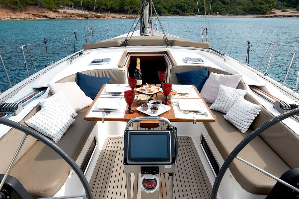 Cockpit of Yannis 65 s, a Hanse Yachts Hanse 540e sailboat at Milazzo, Italy