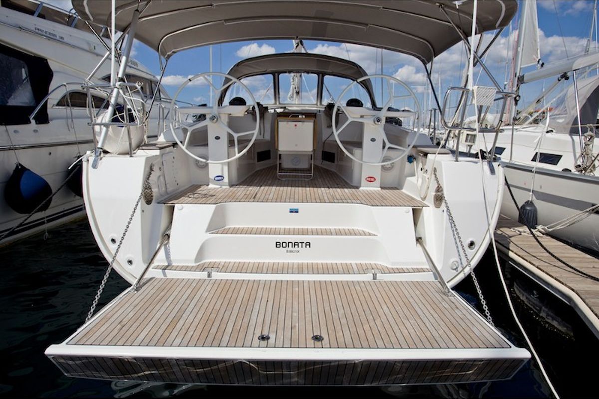 Exterior view of Bonata, a Bavaria Cruiser 45 sailboat at Grad Šibenik, Croatia