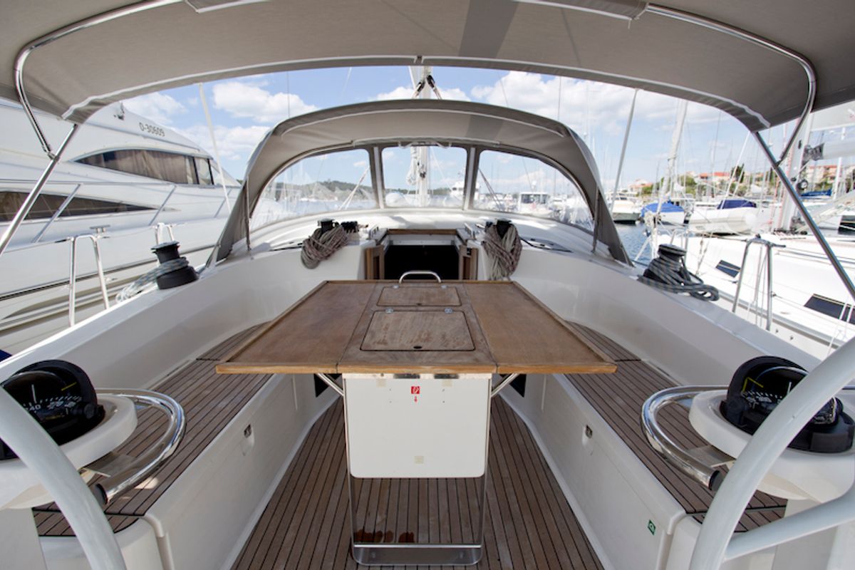 Cockpit of Bonata, a Bavaria Cruiser 45 sailboat at Grad Šibenik, Croatia