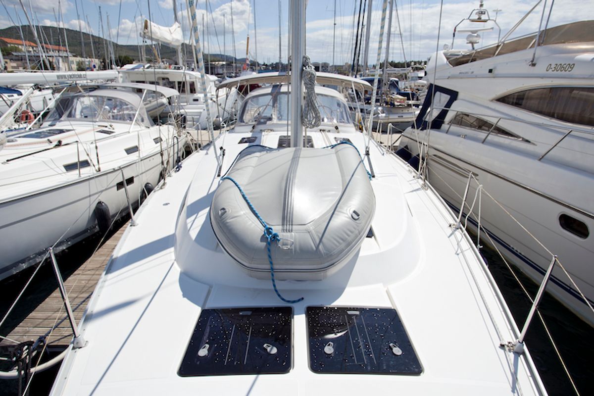 Deck of Bonata, a Bavaria Cruiser 45 sailboat at Grad Šibenik, Croatia