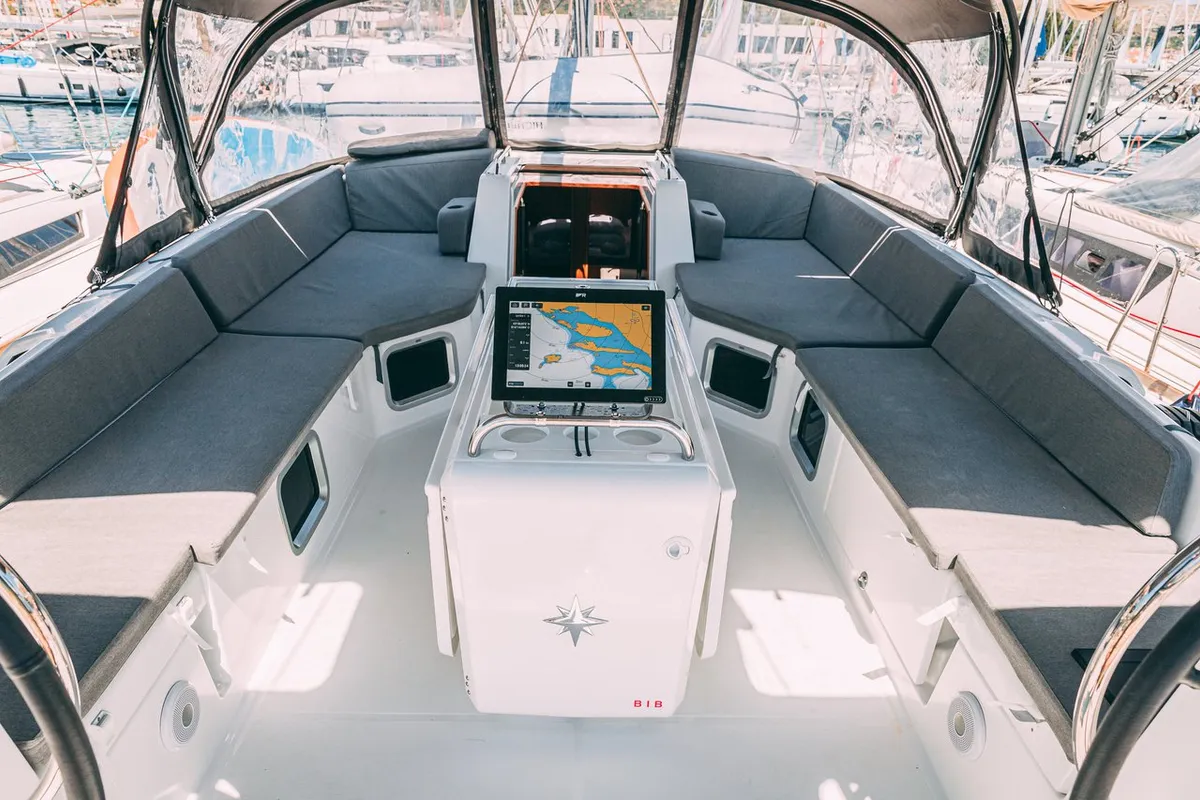 Cockpit of Cielito Lindo, a Jeanneau 54 sailboat at Seget Donji, Croatia