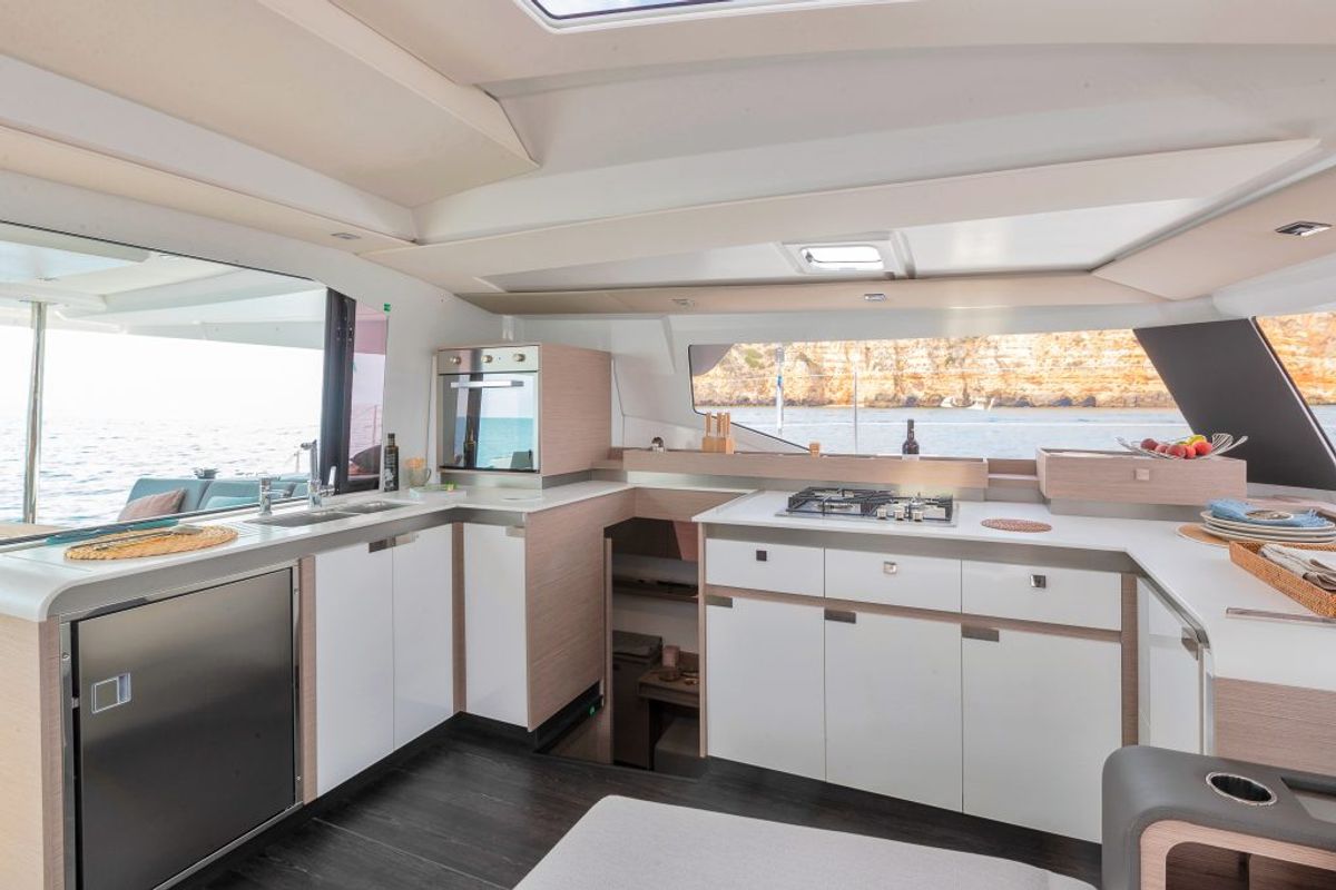 Galley of Fugu II, a Fountaine Pajot Elba 45 catamaran at Municipal Unit of Rhodes, Greece