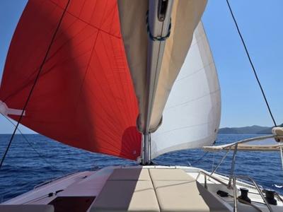 Deck of Fugu II, a Fountaine Pajot Elba 45 catamaran at Municipal Unit of Rhodes, Greece