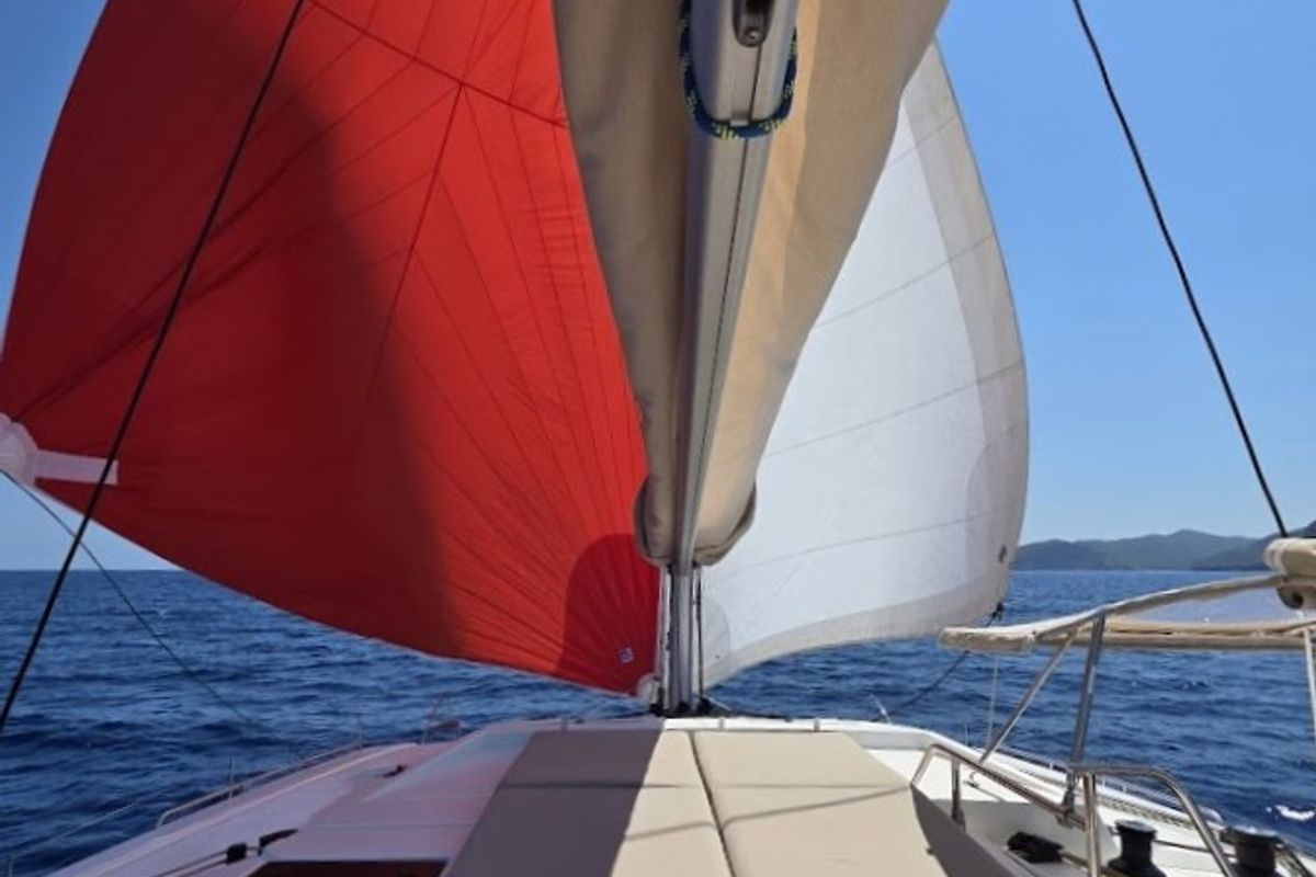 Deck of Fugu II, a Fountaine Pajot Elba 45 catamaran at Municipal Unit of Rhodes, Greece