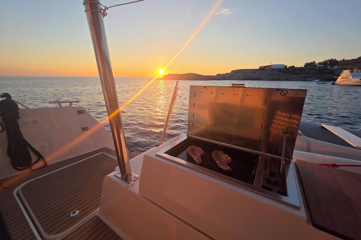 Deck of Fugu II, a Fountaine Pajot Elba 45 catamaran at Municipal Unit of Rhodes, Greece