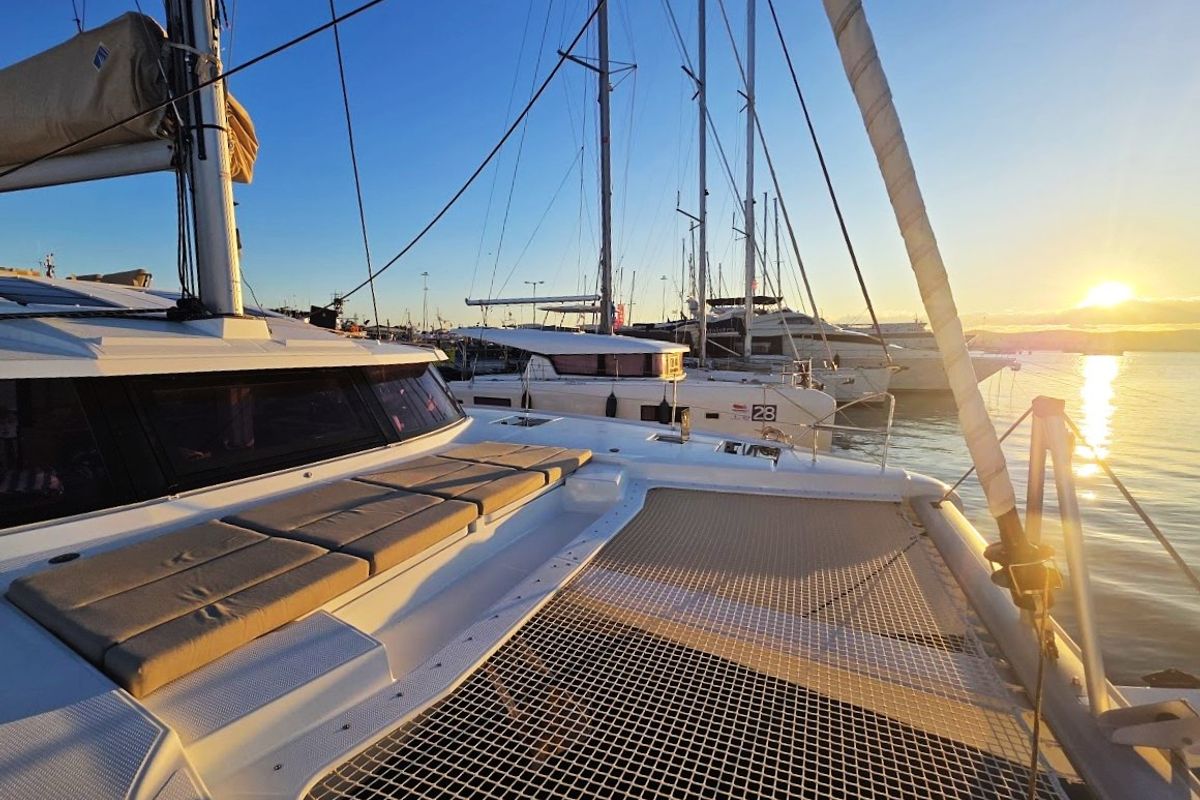 Deck of Fugu II, a Fountaine Pajot Elba 45 catamaran at Municipal Unit of Rhodes, Greece