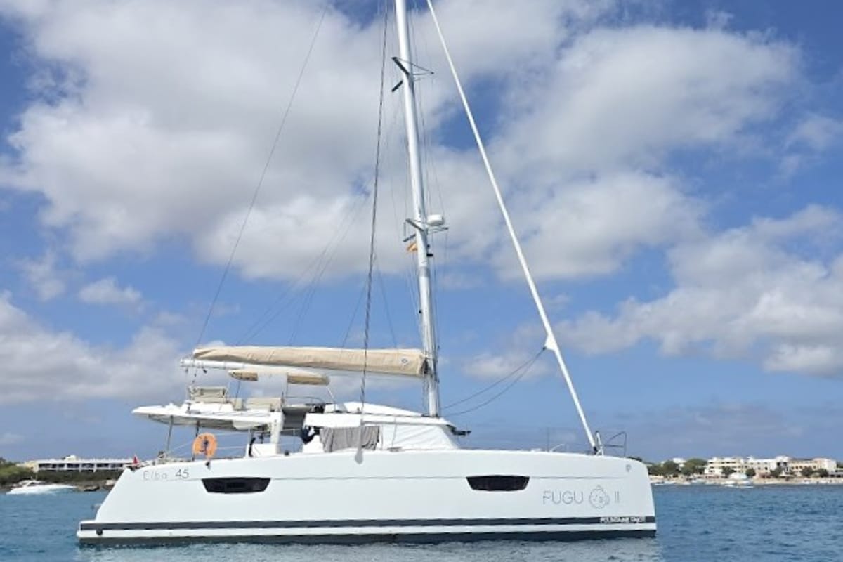 Exterior view of Fugu II, a Fountaine Pajot Elba 45 catamaran at Municipal Unit of Rhodes, Greece