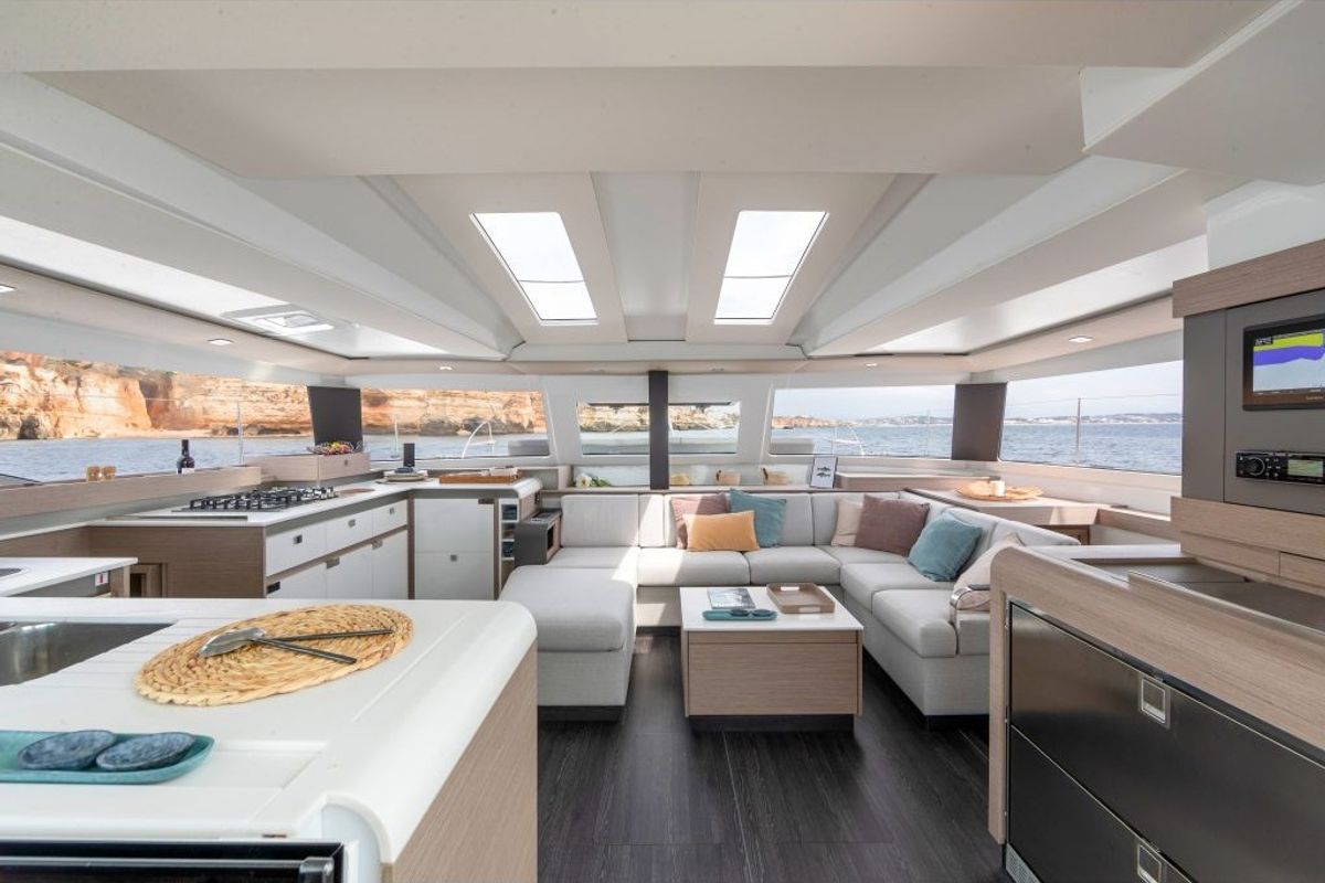 Salon of Fugu II, a Fountaine Pajot Elba 45 catamaran at Municipal Unit of Rhodes, Greece