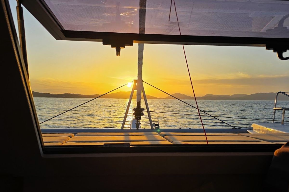 Deck of Fugu II, a Fountaine Pajot Elba 45 catamaran at Municipal Unit of Rhodes, Greece