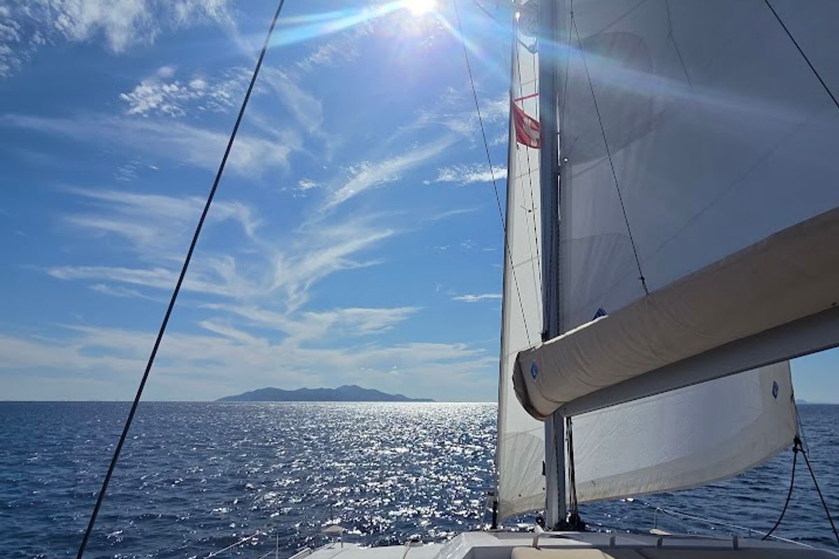 Deck of Fugu II, a Fountaine Pajot Elba 45 catamaran at Municipal Unit of Rhodes, Greece