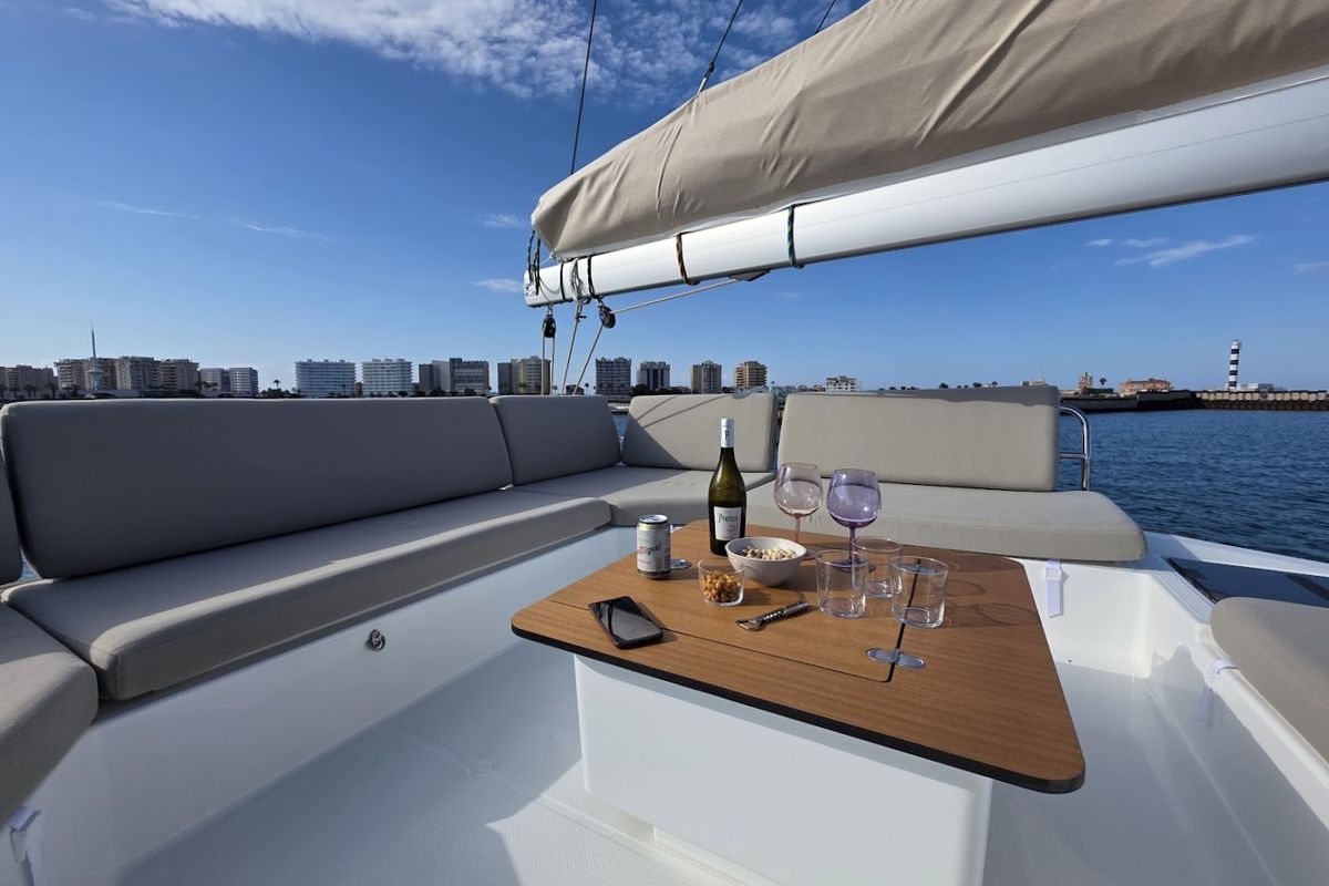 Deck of Fugu II, a Fountaine Pajot Elba 45 catamaran at Municipal Unit of Rhodes, Greece