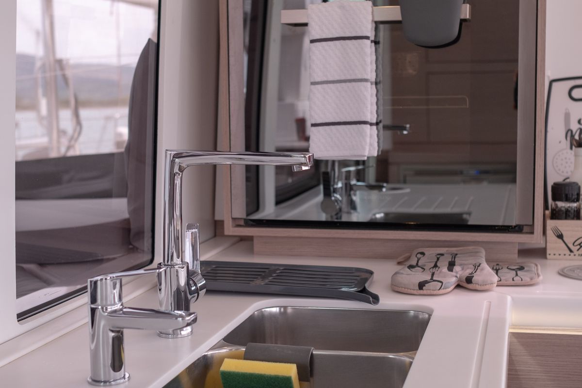Galley of Sissy, a Fountaine Pajot Astréa 42 catamaran at Municipal Unit of Lefkada, Greece
