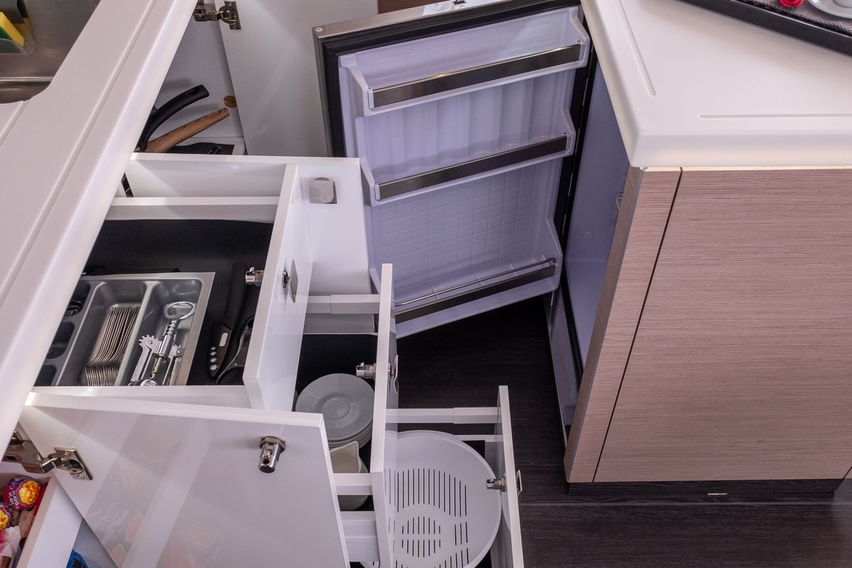 Galley of Sissy, a Fountaine Pajot Astréa 42 catamaran at Municipal Unit of Lefkada, Greece