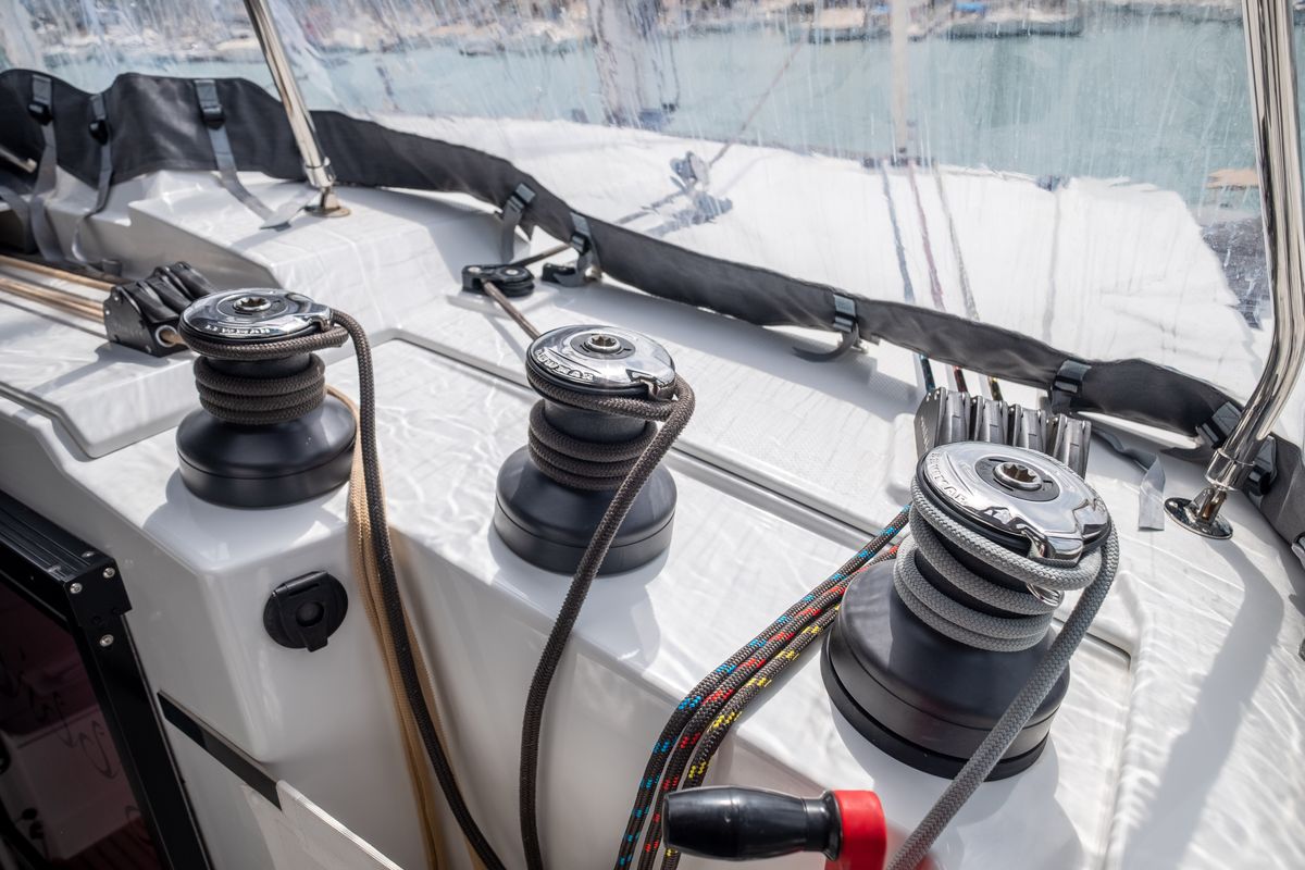 Deck of Sissy, a Fountaine Pajot Astréa 42 catamaran at Municipal Unit of Lefkada, Greece