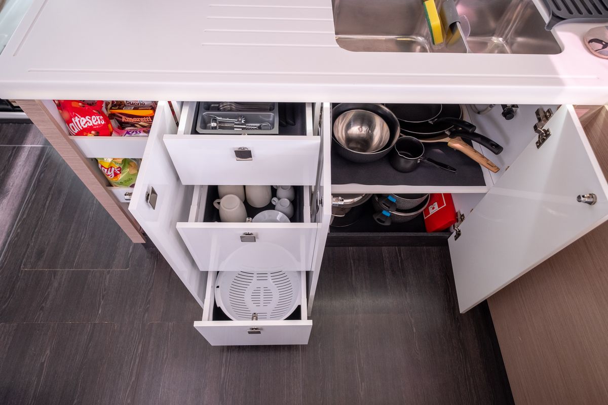 Galley of Sissy, a Fountaine Pajot Astréa 42 catamaran at Municipal Unit of Lefkada, Greece