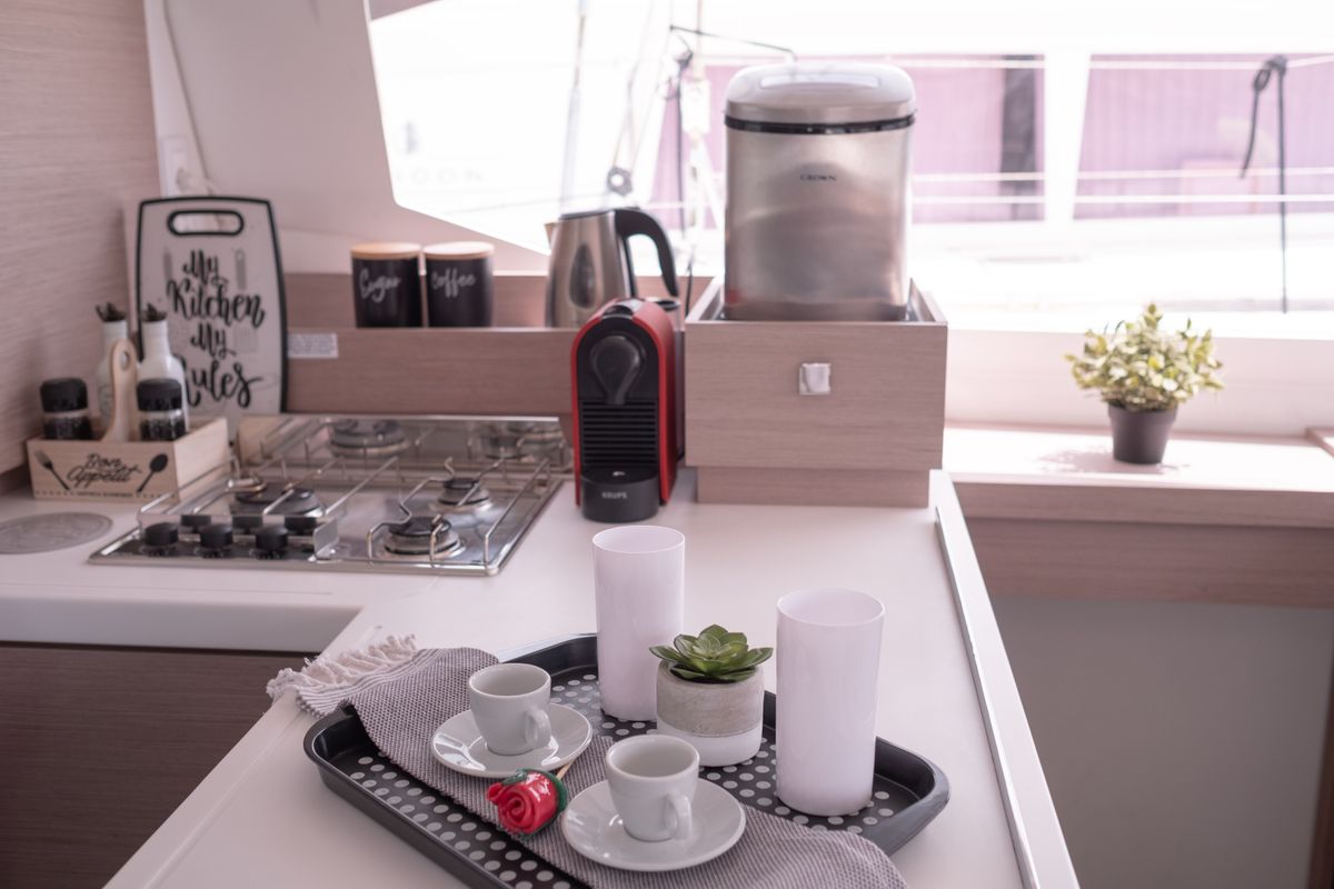Galley of Sissy, a Fountaine Pajot Astréa 42 catamaran at Municipal Unit of Lefkada, Greece