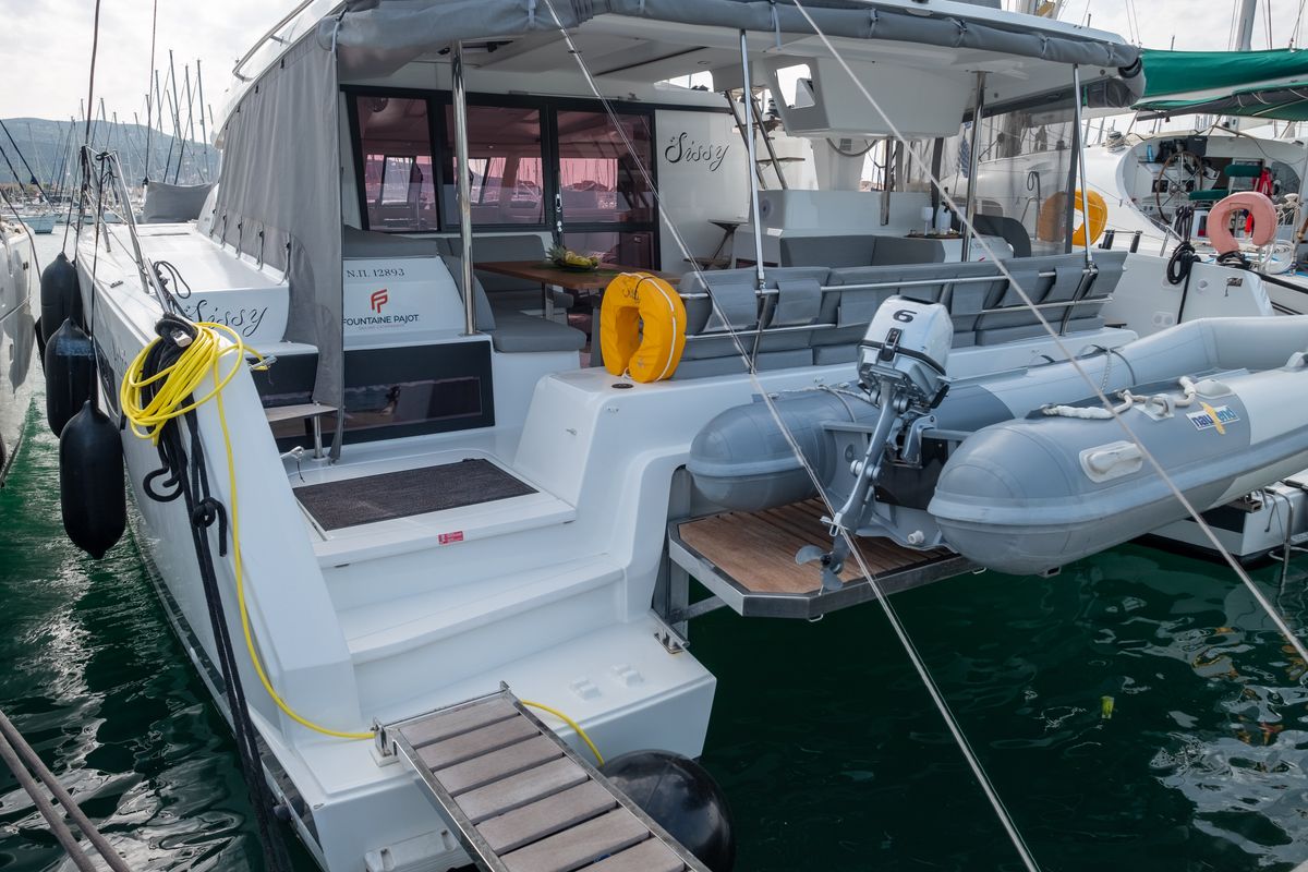 Exterior view of Sissy, a Fountaine Pajot Astréa 42 catamaran at Municipal Unit of Lefkada, Greece