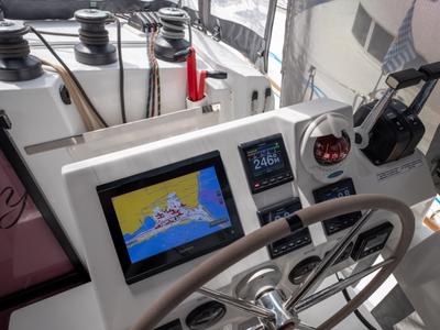 Cockpit of Sissy, a Fountaine Pajot Astréa 42 catamaran at Municipal Unit of Lefkada, Greece