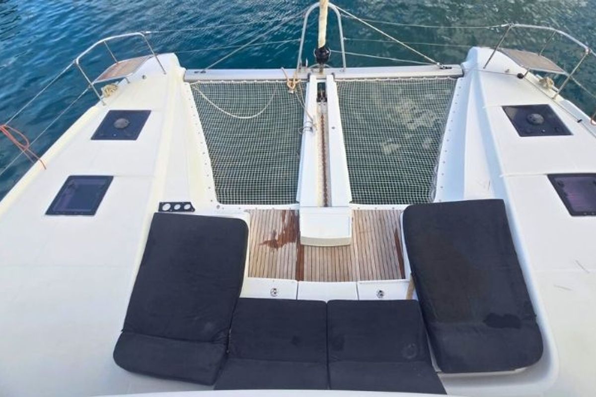 Deck of THOR, a Lagoon 50 catamaran at Olbia, Italy