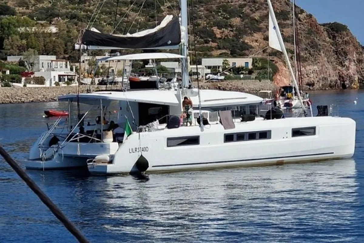Exterior view of THOR, a Lagoon 50 catamaran at Olbia, Italy
