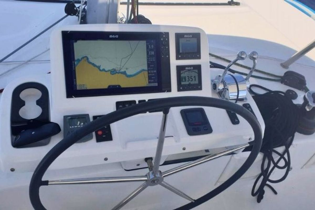 Cockpit of THOR, a Lagoon 50 catamaran at Olbia, Italy