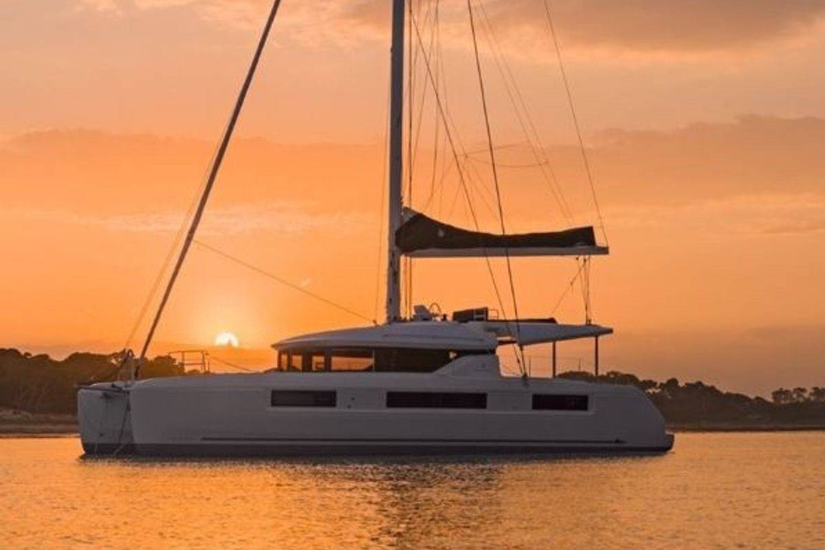 Exterior view of THOR, a Lagoon 50 catamaran at Olbia, Italy