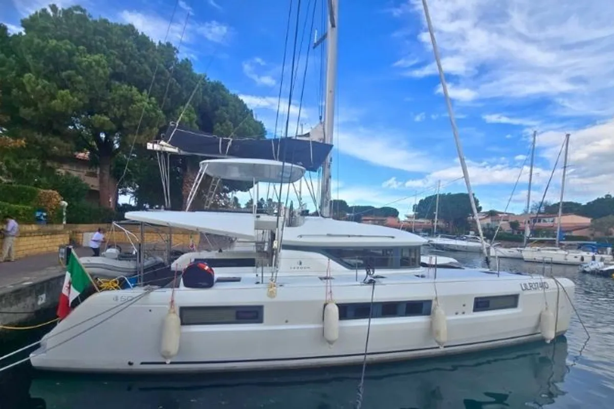 Exterior view of THOR, a Lagoon 50 catamaran at Olbia, Italy