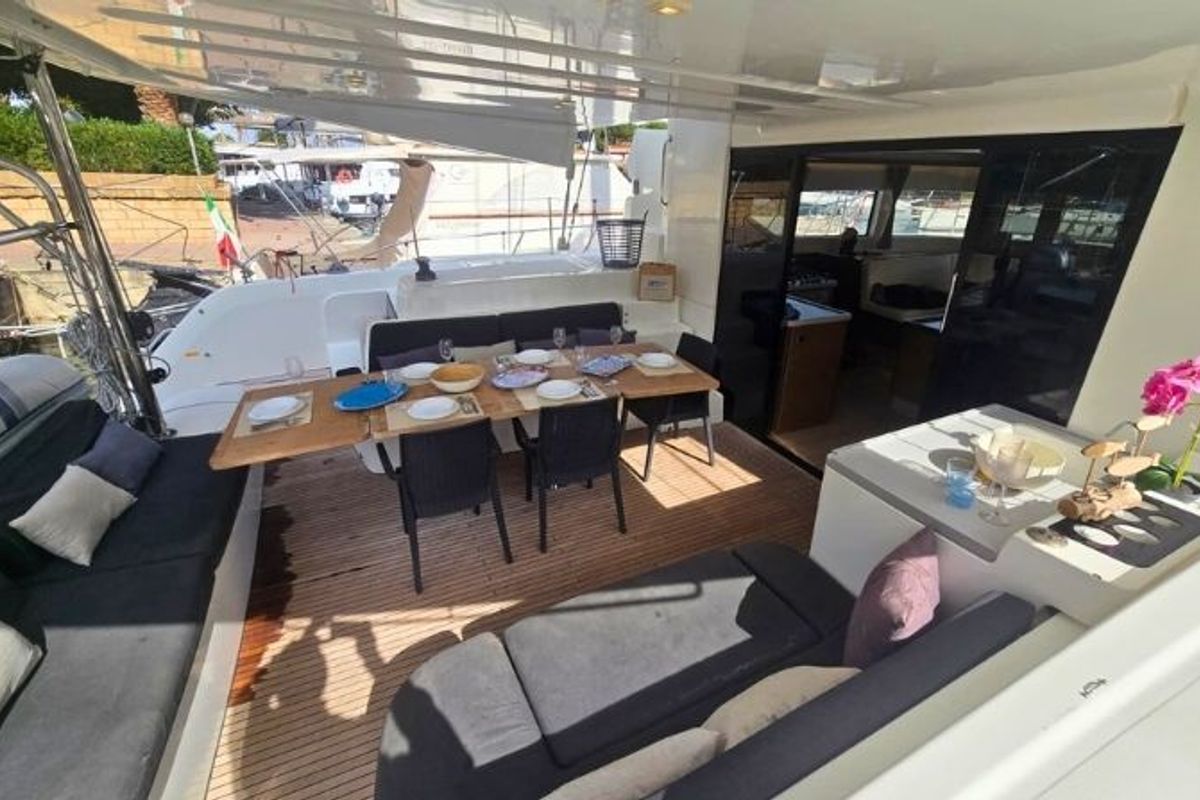 Deck of THOR, a Lagoon 50 catamaran at Olbia, Italy