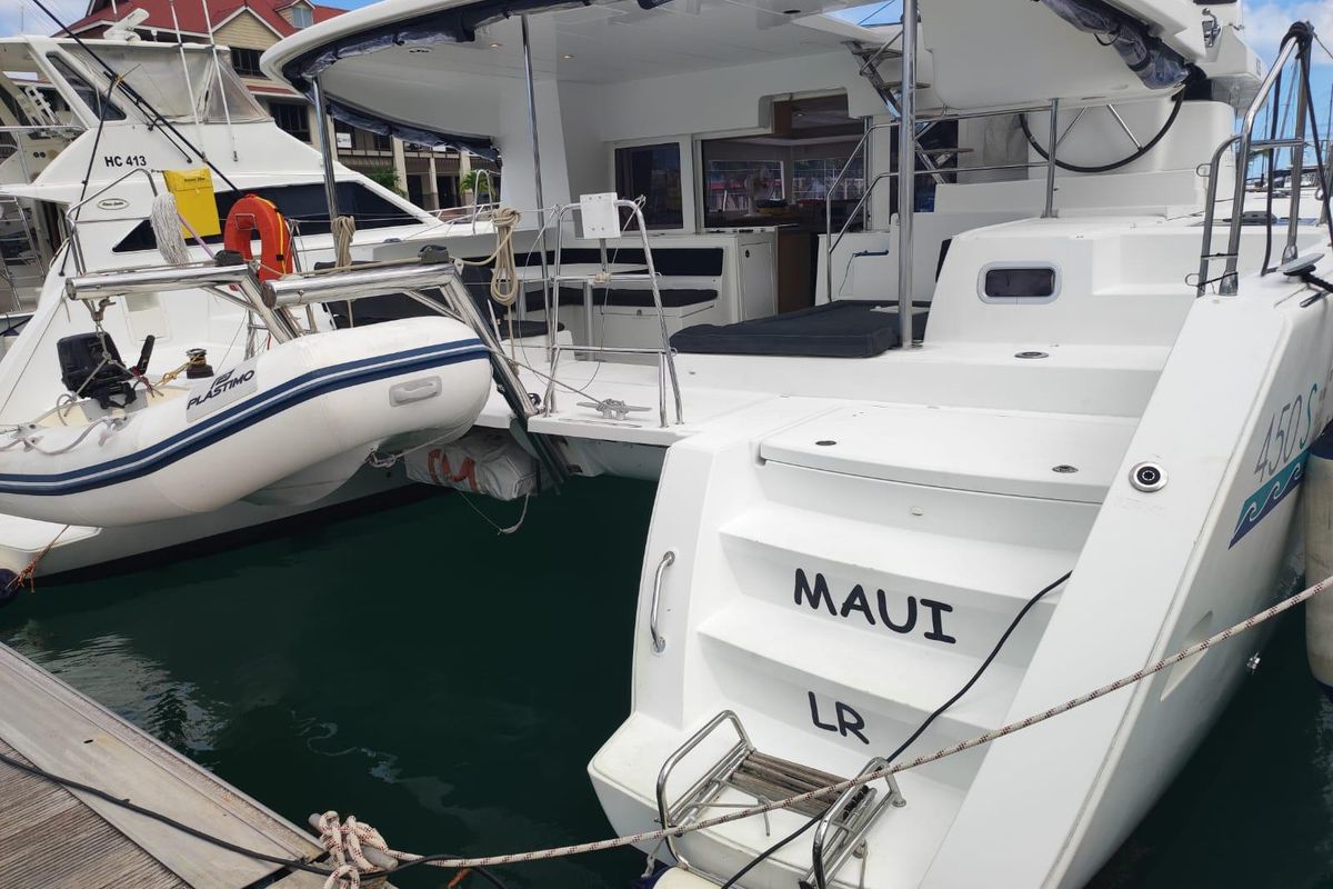 Exterior view of Maui, a Lagoon 450 Sport catamaran at Eden Island Marina, Seychelles