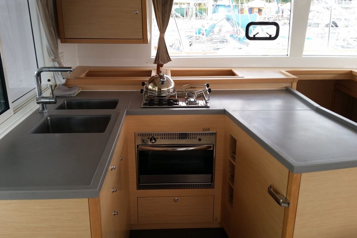 Galley of Maui, a Lagoon 450 Sport catamaran at Eden Island Marina, Seychelles