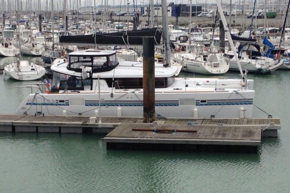 Exterior view of Maui, a Lagoon 450 Sport catamaran at Eden Island Marina, Seychelles