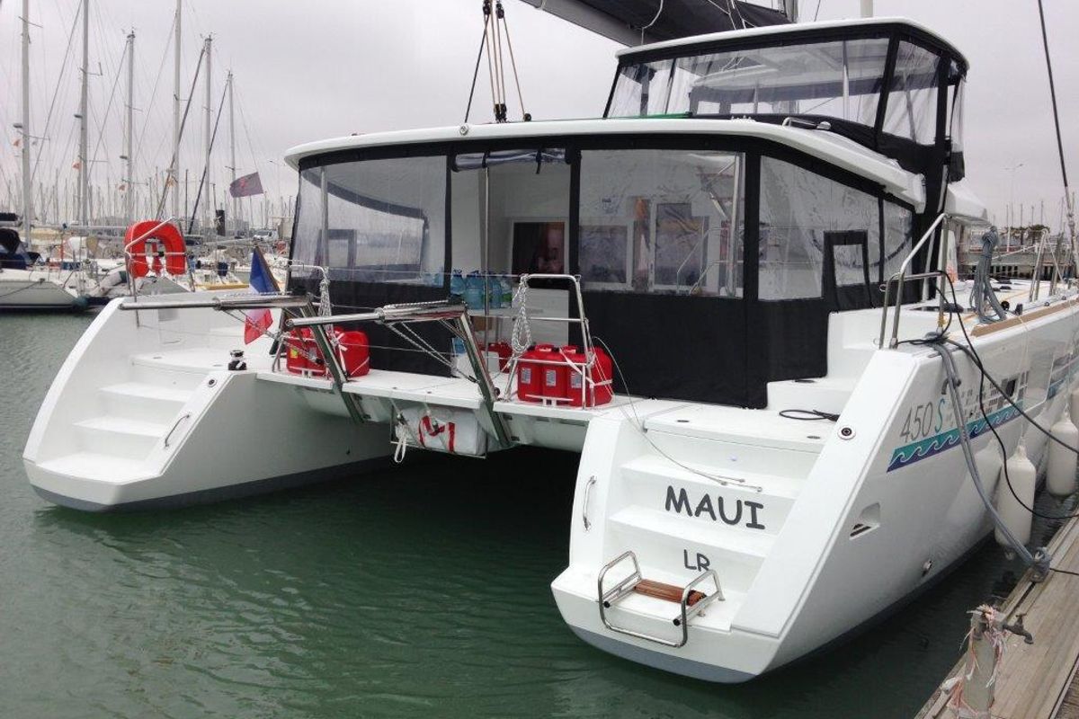 Exterior view of Maui, a Lagoon 450 Sport catamaran at Eden Island Marina, Seychelles