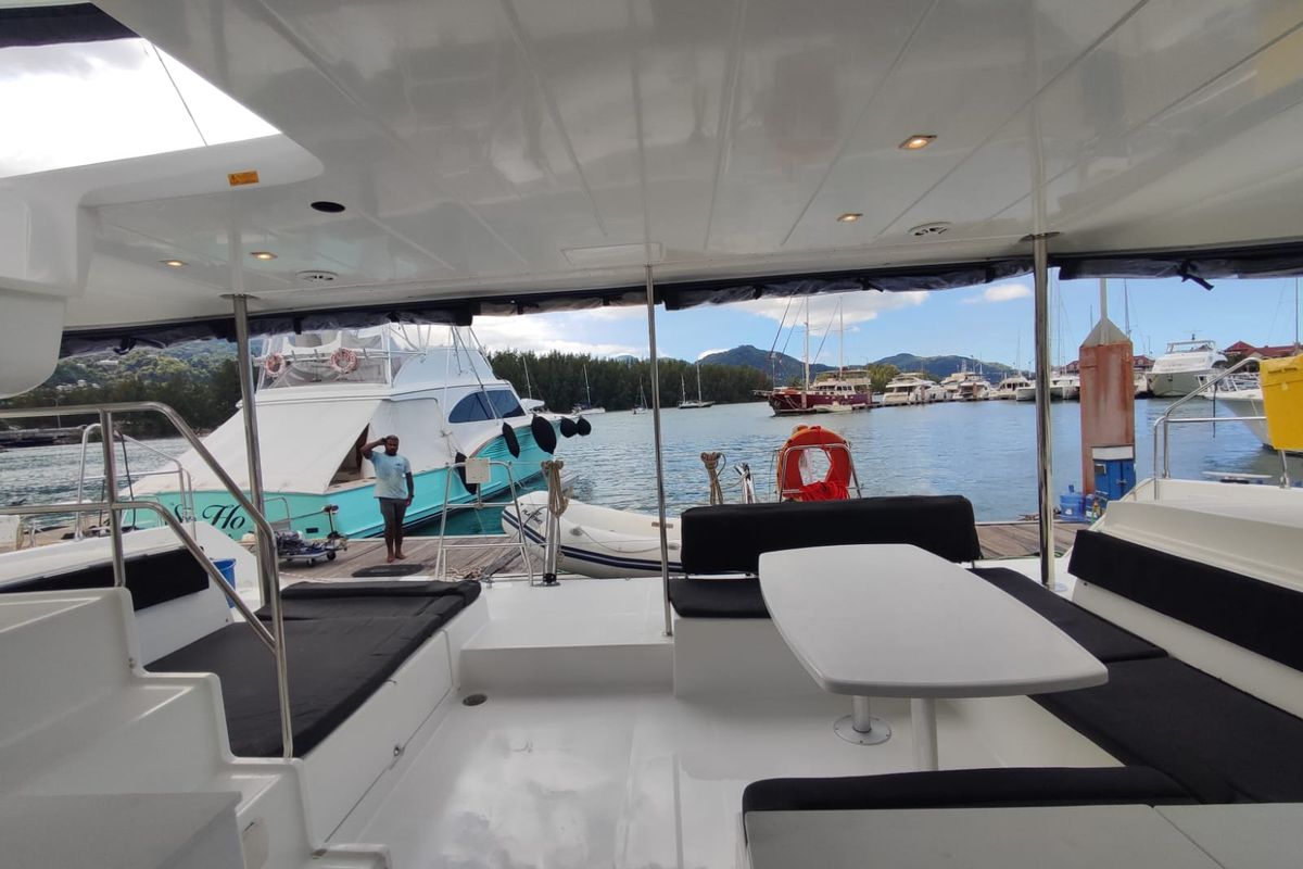 Deck of Maui, a Lagoon 450 Sport catamaran at Eden Island Marina, Seychelles
